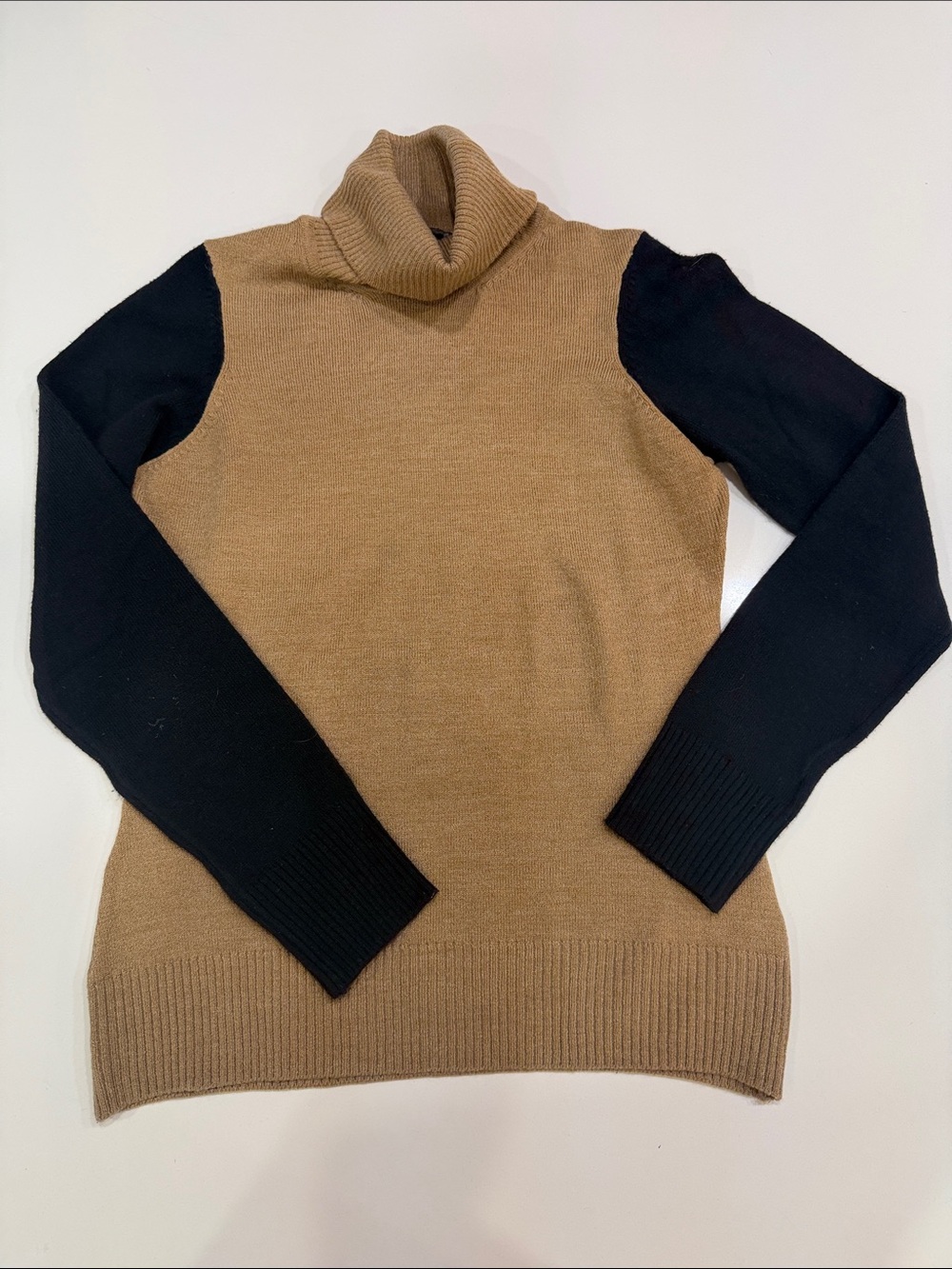 French Connection Two-Tone Turtleneck Sweater in Camel and Navy.